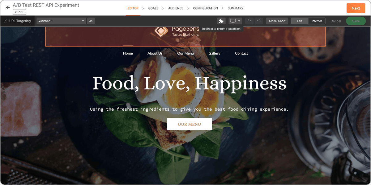 Creating an A/B test variant from the PageSense Chrome extension
