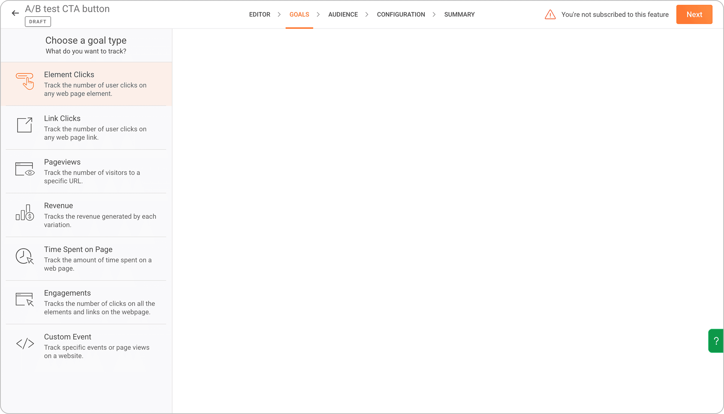 Choosing a conversion goal type — element clicks, link clicks, pageviews, revenue, and more