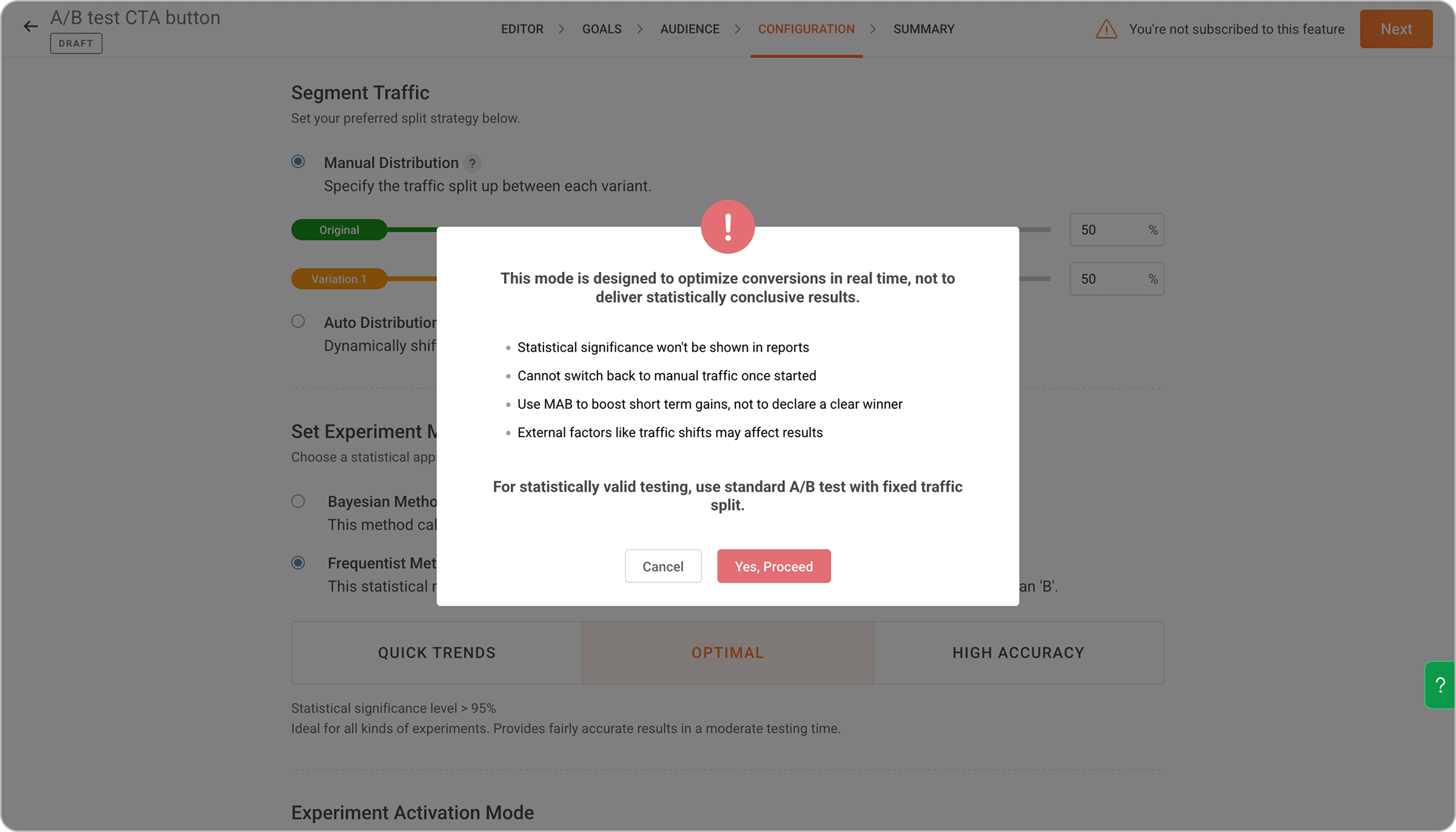 Multi-armed bandit traffic distribution settings for an A/B test