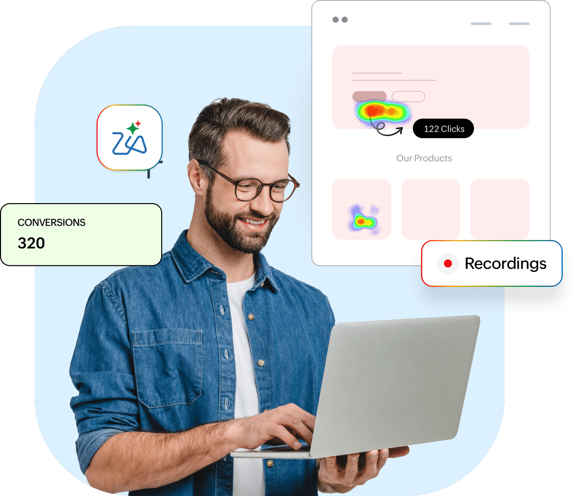 UX analyst reading a click heatmap and session recordings beside a count of 320 conversions