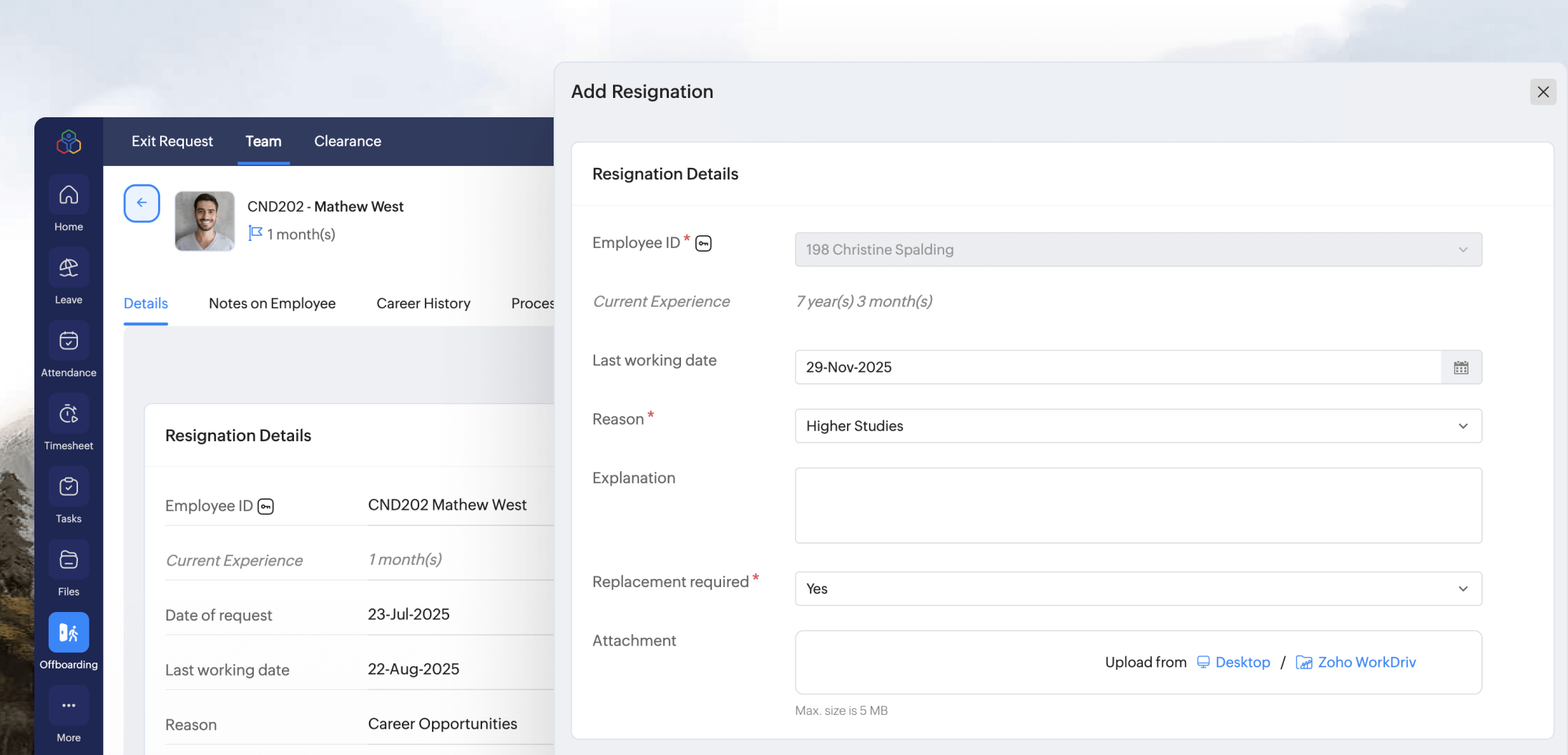 Add resignation request in Zoho People