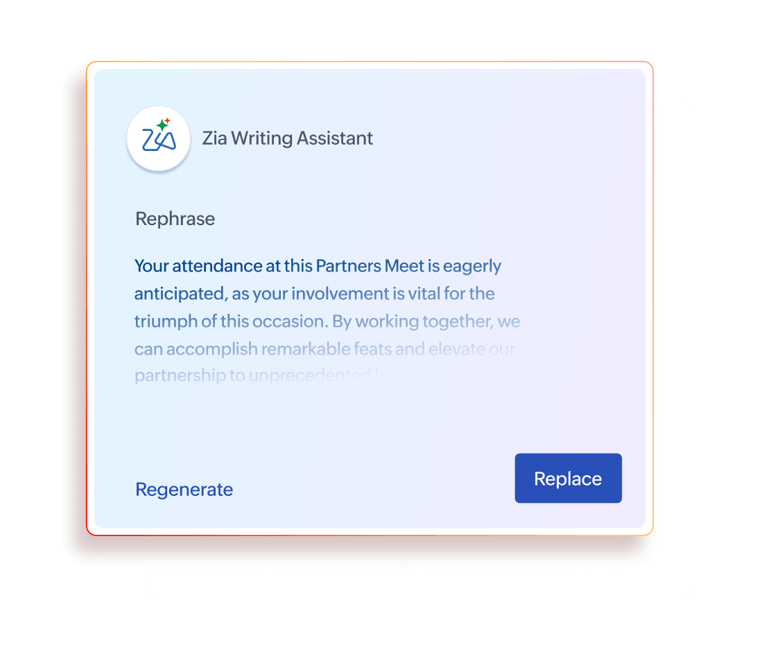 Zia Writing Assistant rephrasing text with AI