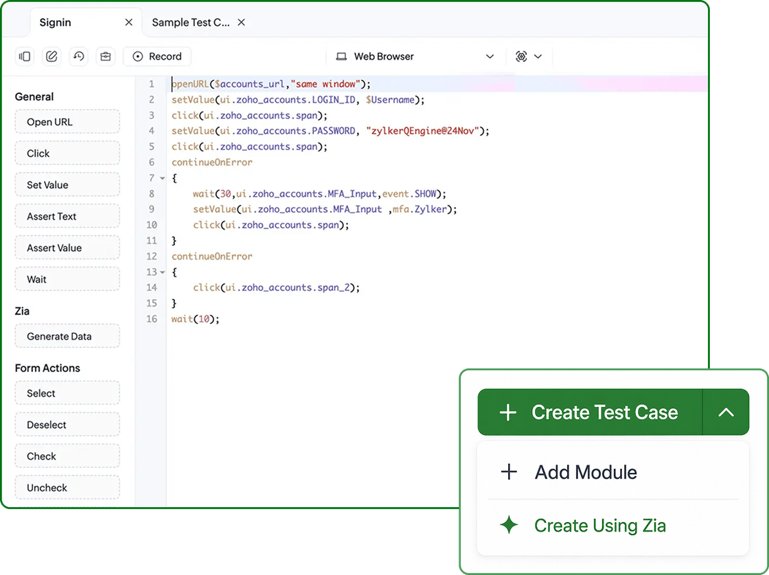 AI-generated test cases in the Zoho QEngine test editor