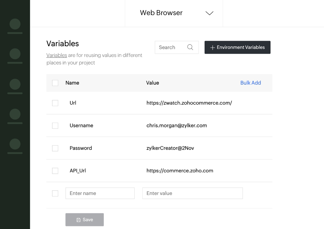 Variables to store data across test cases