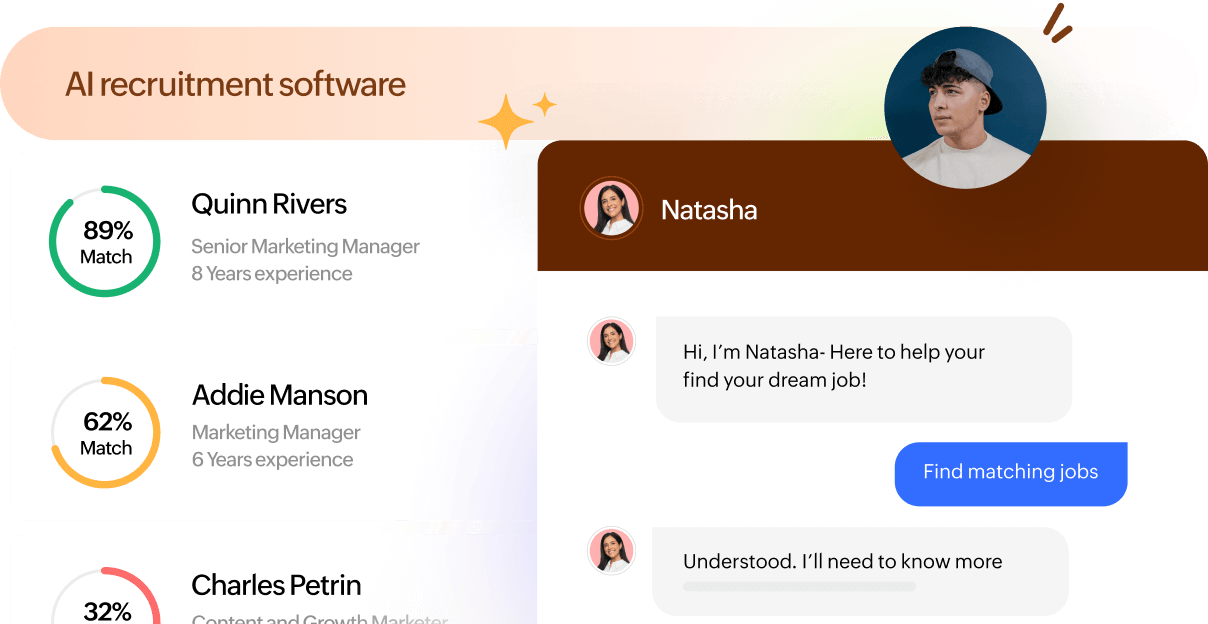 Zia, the AI hiring assistant in Zoho Recruit designed specifically for corporate HR teams