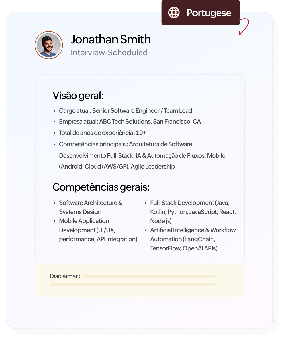 AI profile summary in Portuguese