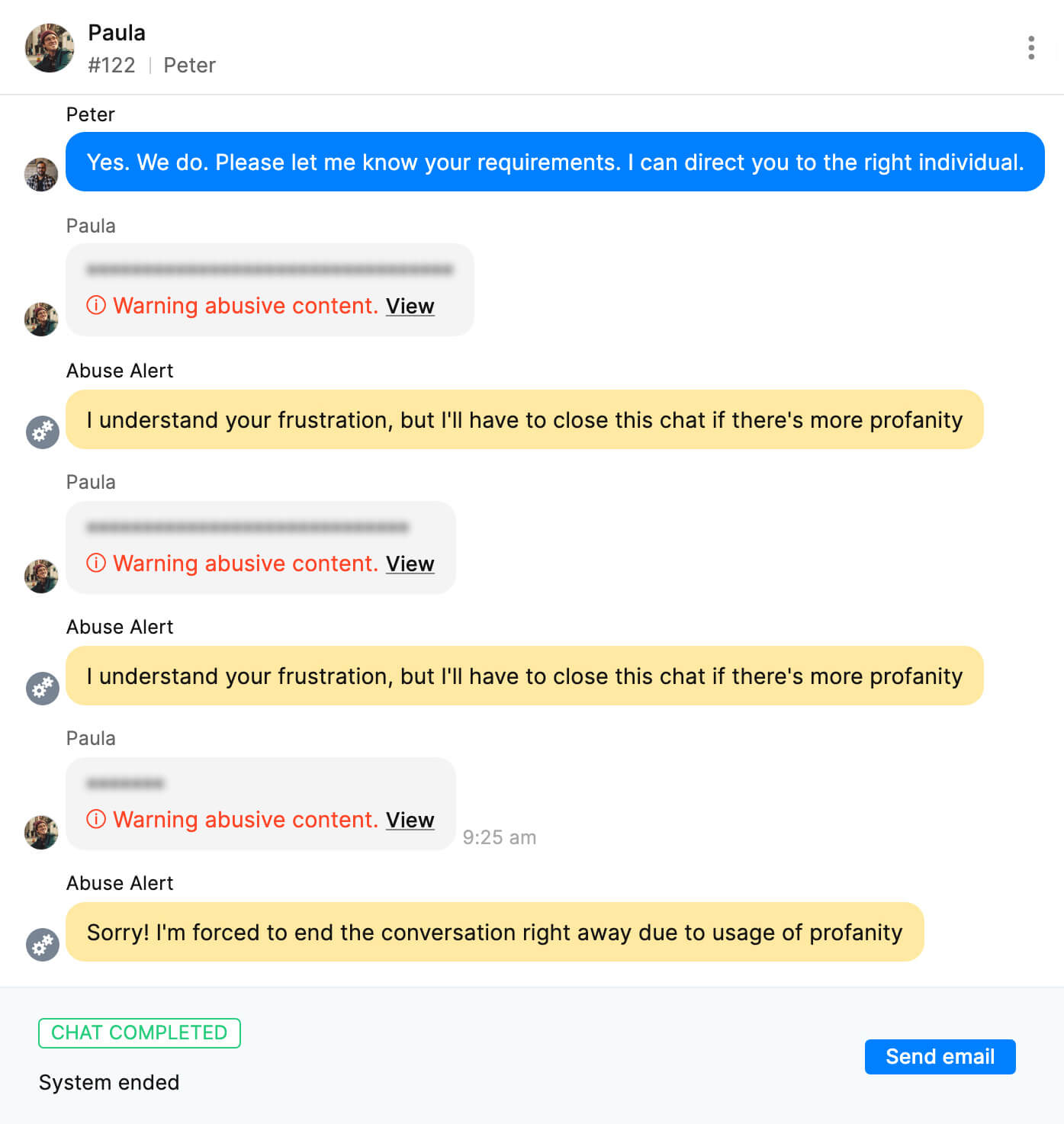 Agent chat screen with blurred profanity from customer and chat ended