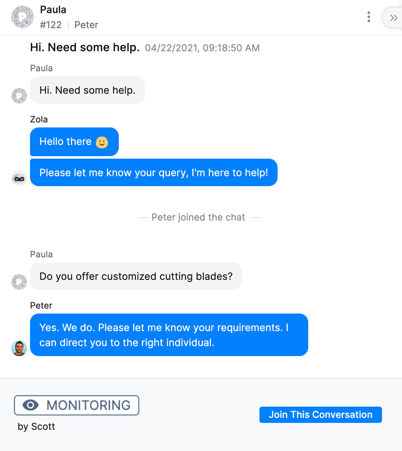 An agent's chat monitored by manager