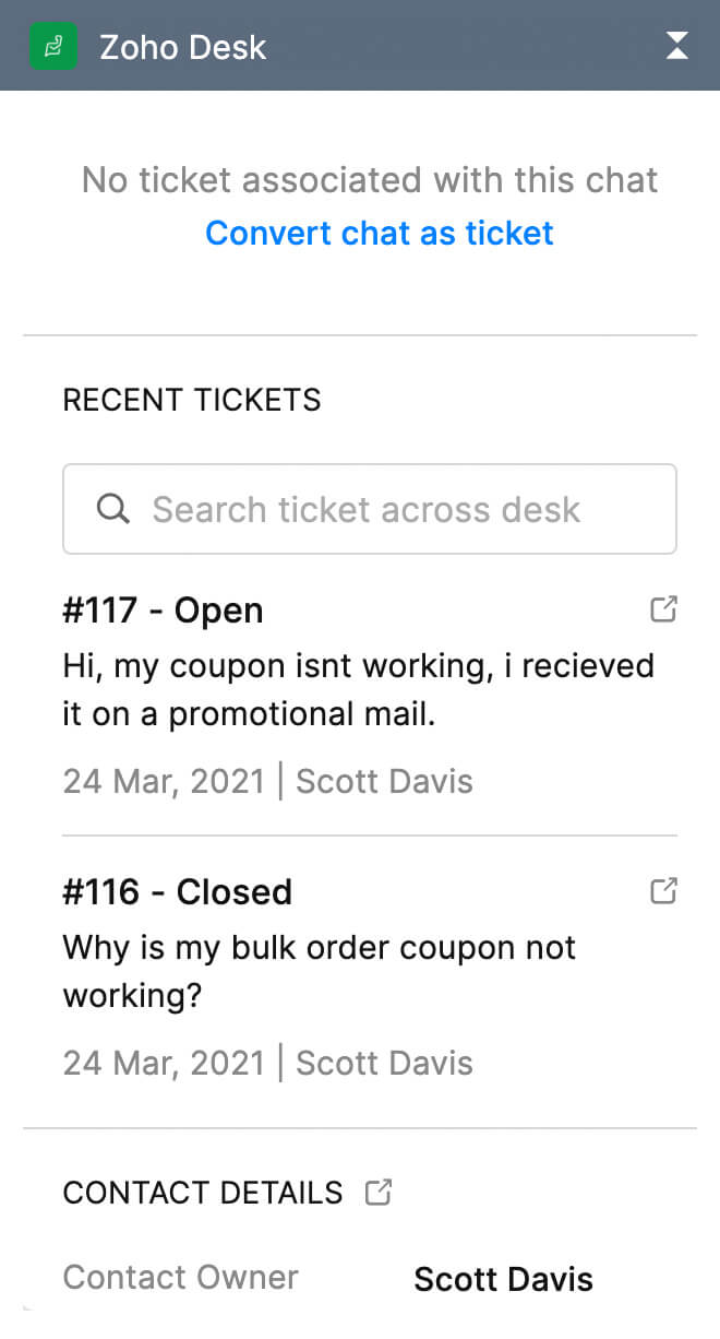 Zoho Desk widget showing recent tickets