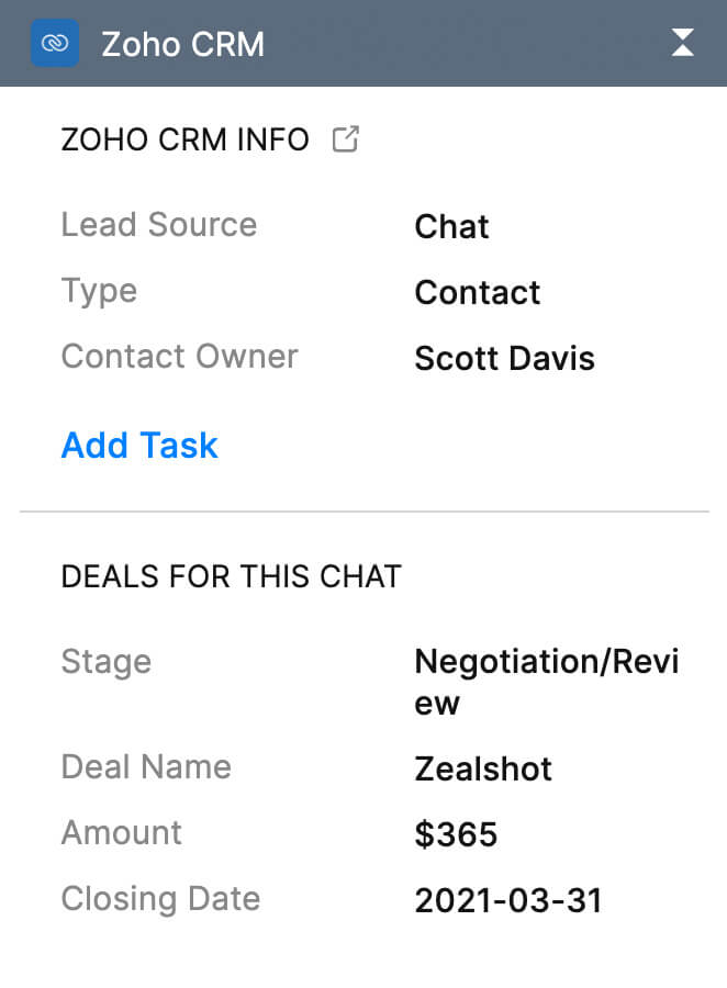 Zoho CRM widget in SalesIQ with lead and deal information