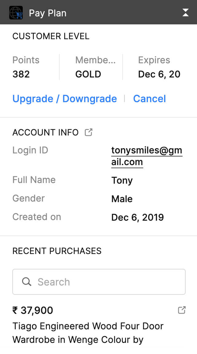 Data widget showing customer account information and recent purchases