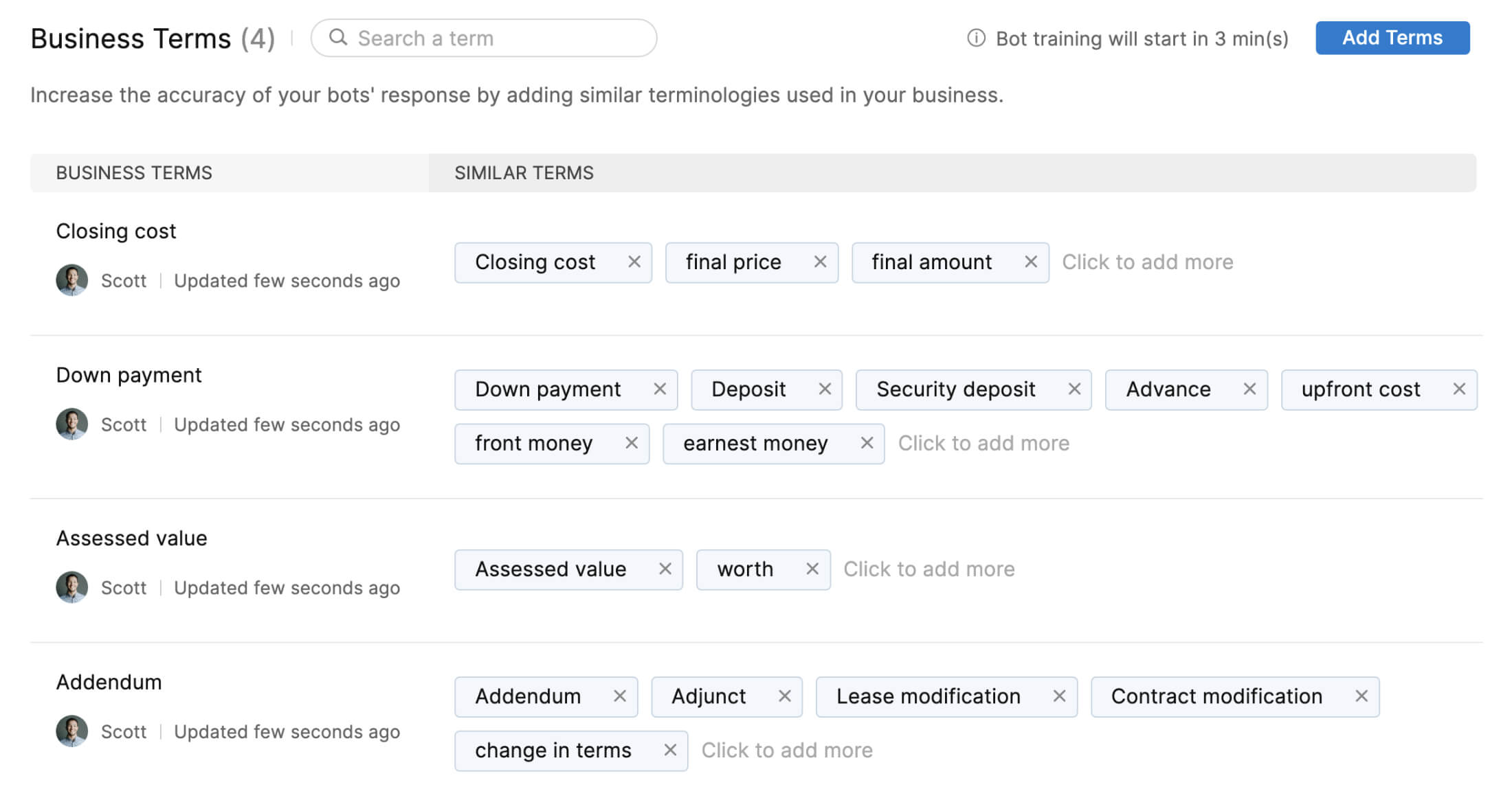Screen showing saved business terms and synonyms