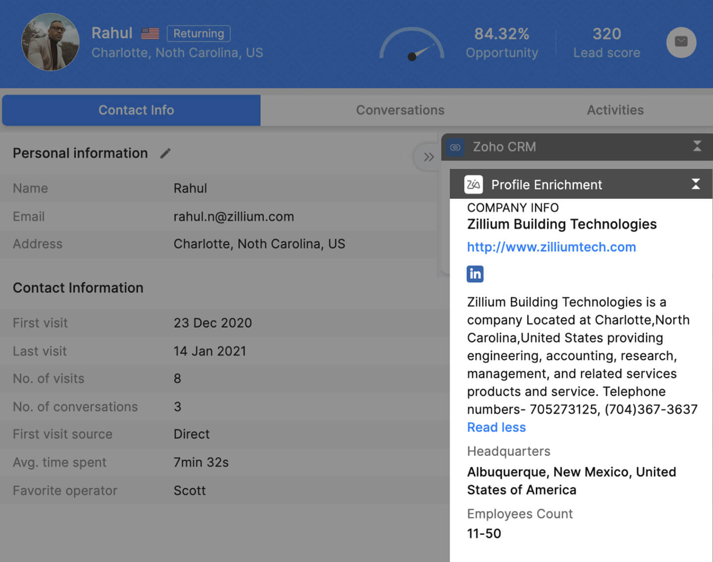 Company contact profle with enriched profile information
