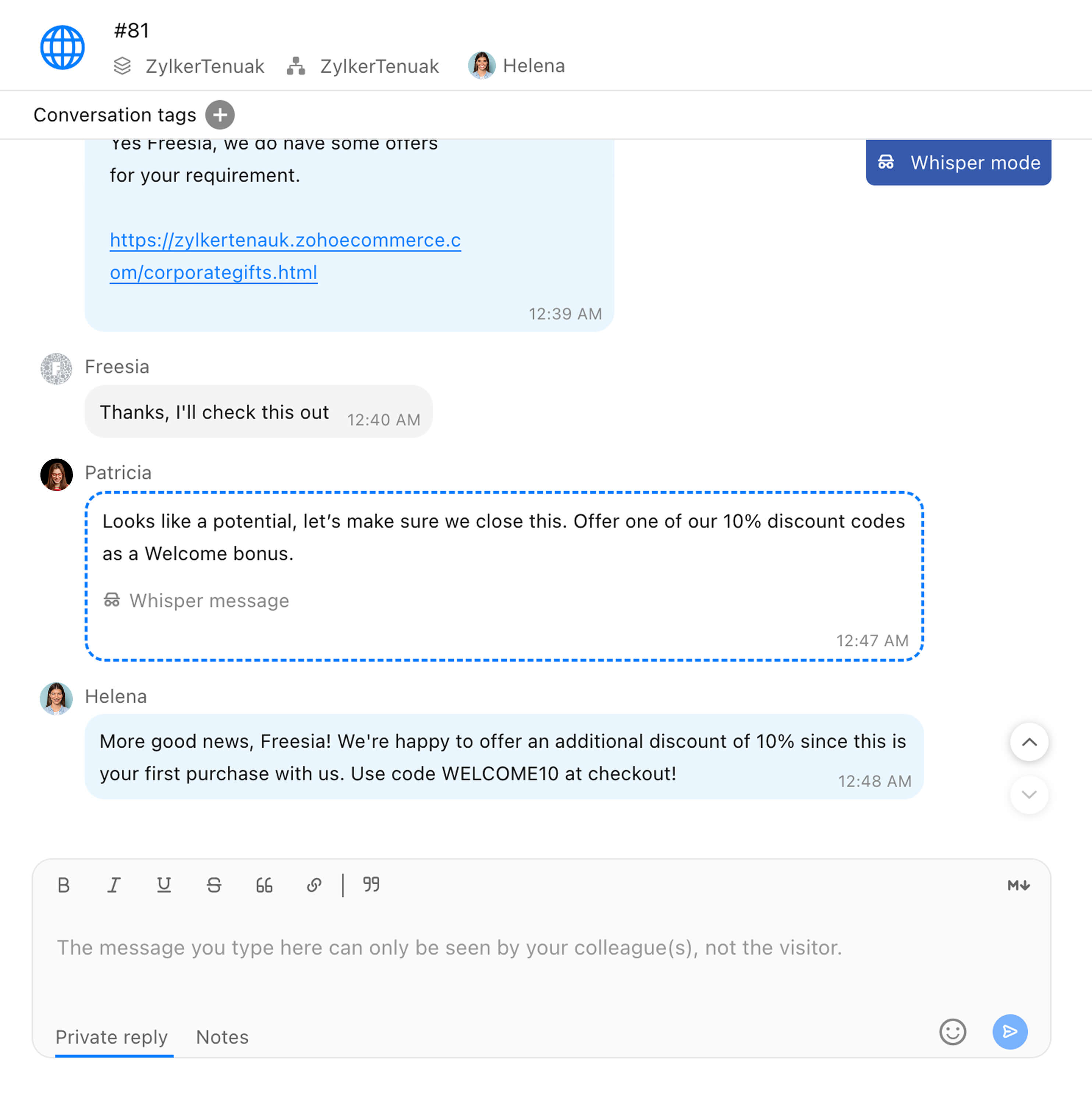 Discreetly guide agents during chats with Whisper chat