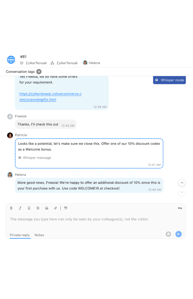 Assist your live chat agents discreetly in whisper mode