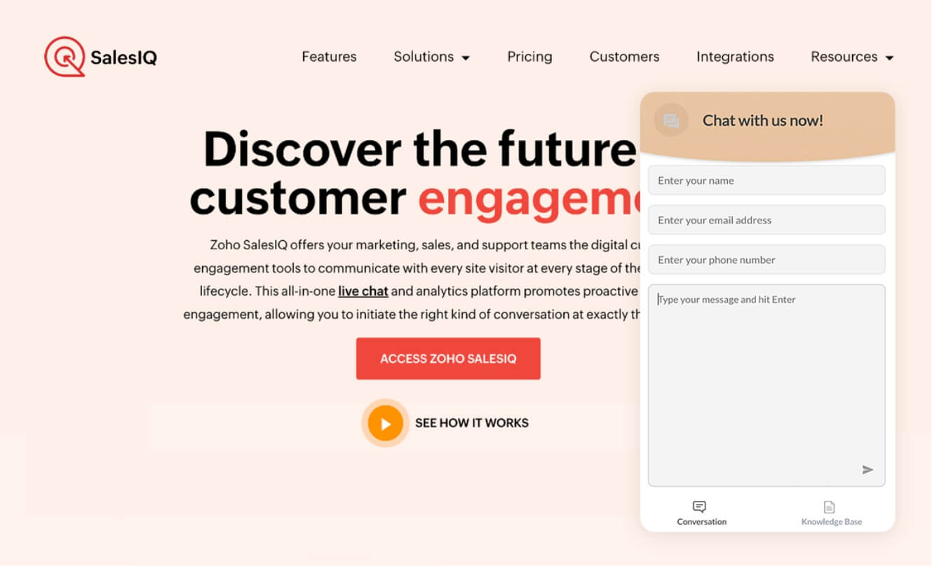 Live chat software widget on our SalesIQ website for visitors to get in touch with us
