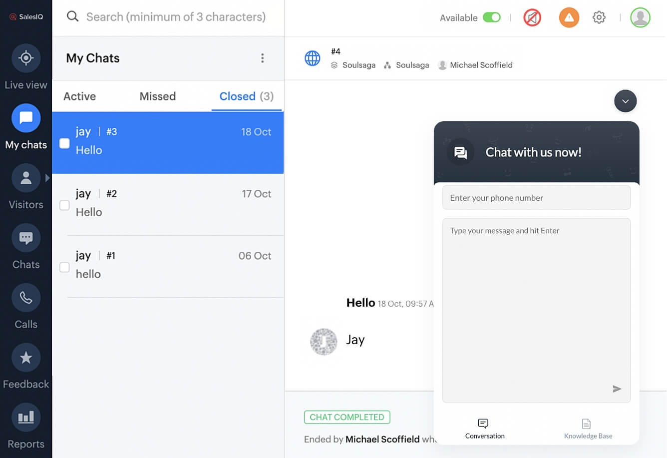Live chat software widget inside our SalesIQ product for customers to reach out to us