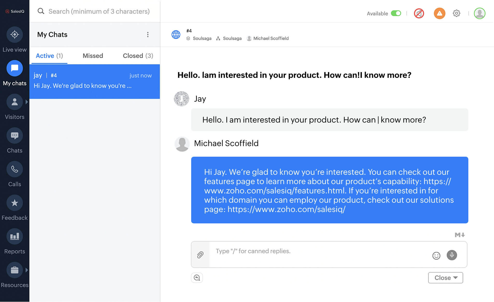 User interface of the live chat software widget from operator perspective