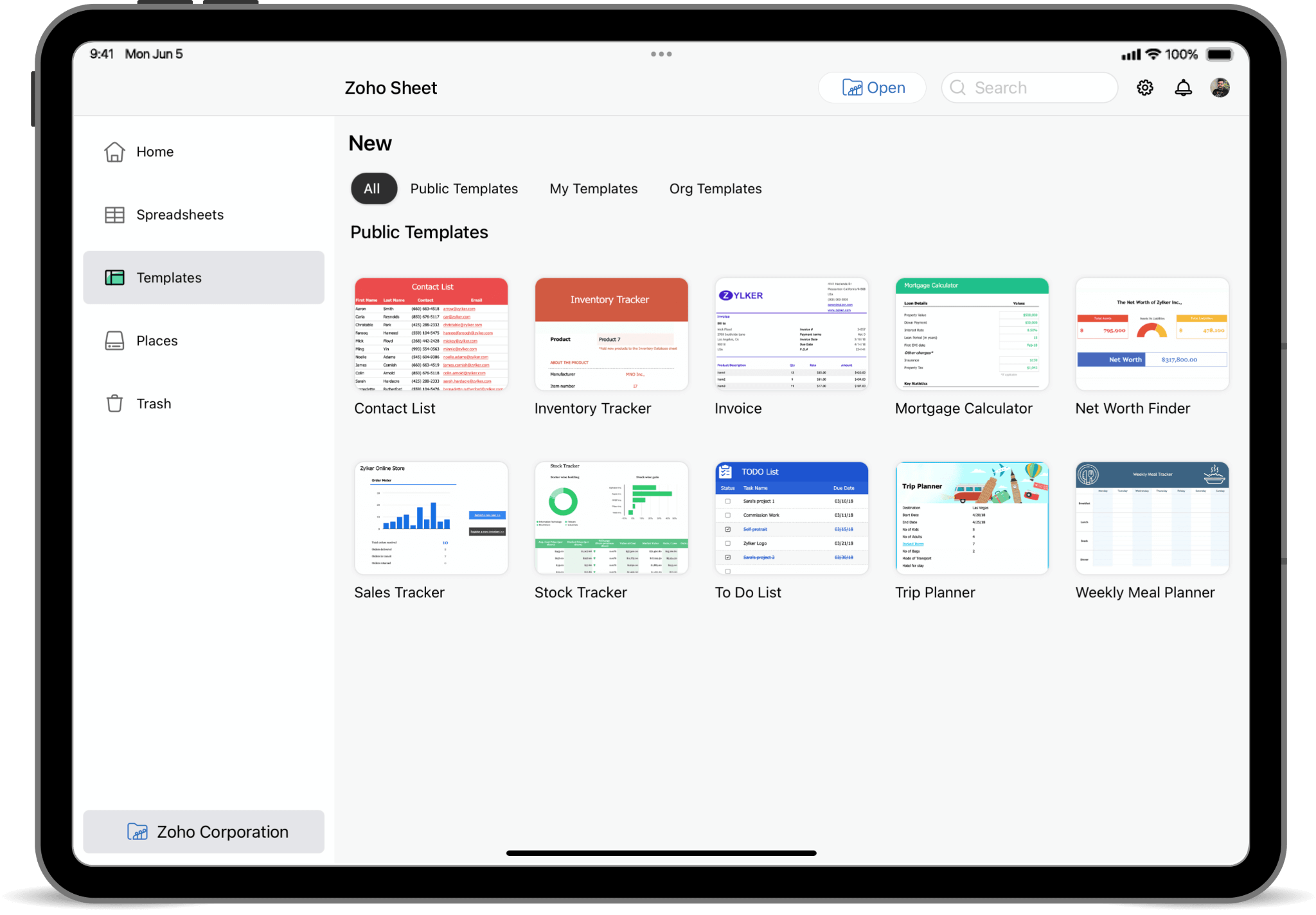 Predefined spreadsheet templates