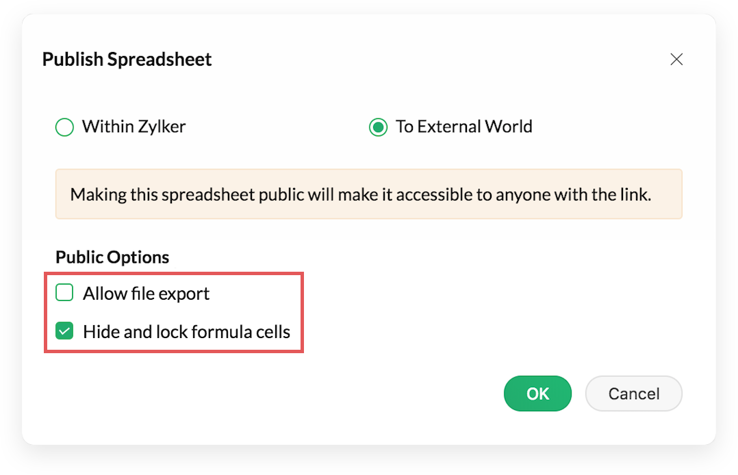 Sembunyikan dan kunci sel rumus, nonaktifkan opsi ekspor untuk spreadsheet yang dipublikasikan.