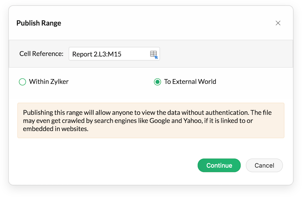 Publikasikan kisaran di Zoho Sheet
