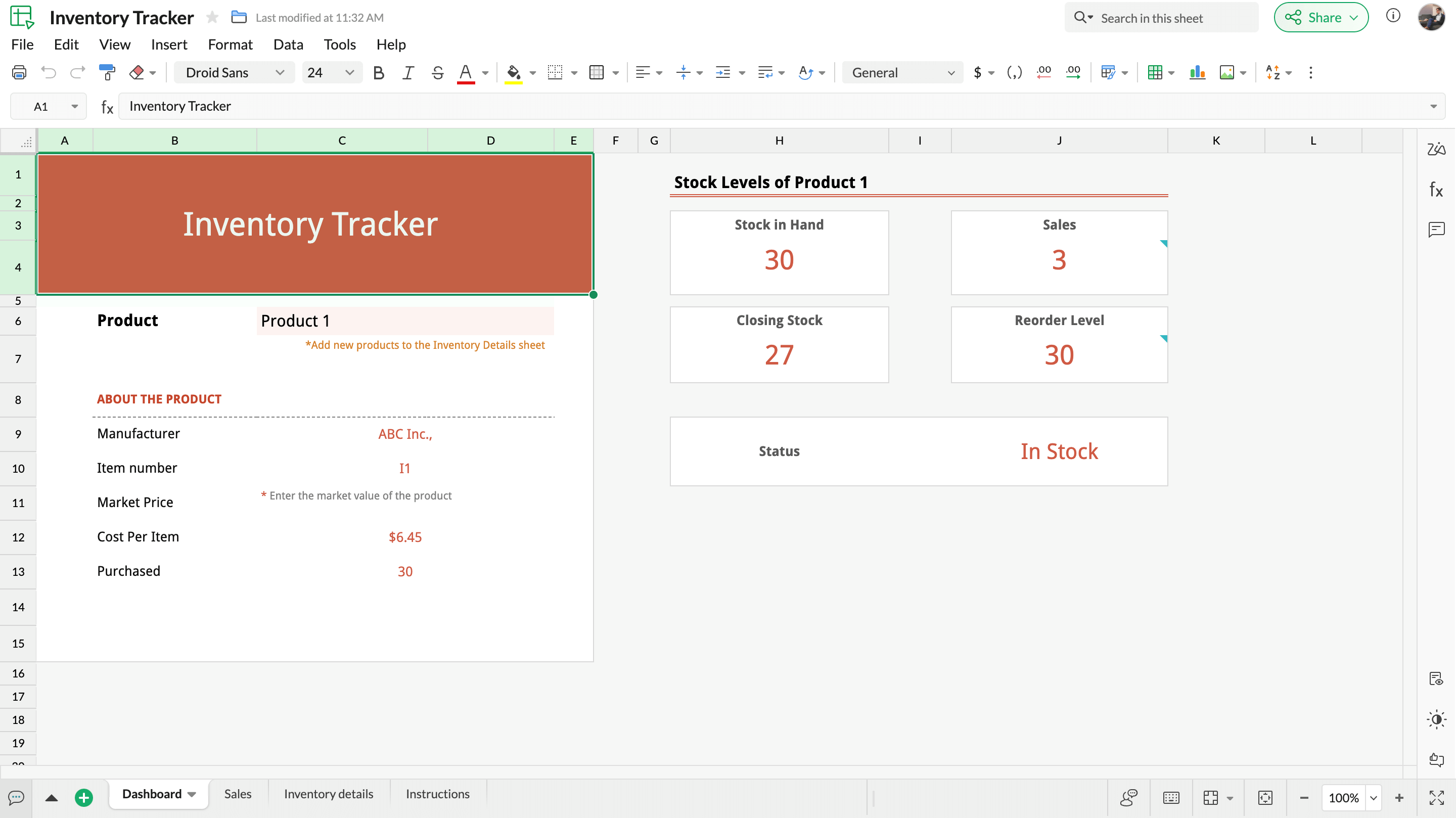 Screenshot of an inventory tracker spreadsheet template on Zoho Sheet