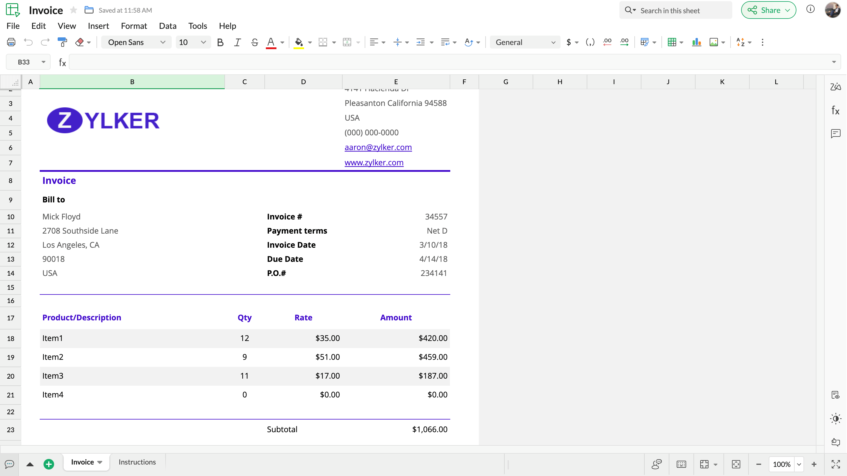 Preview of invoice template with customizable fields and calculations