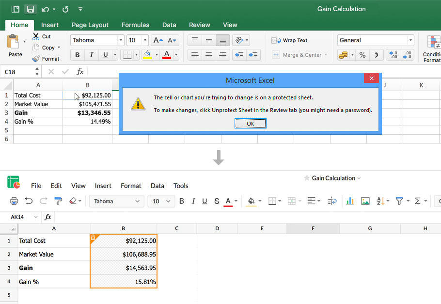 Zoho Sheet keeps the cell locks intact on the .xlsx files you import.
