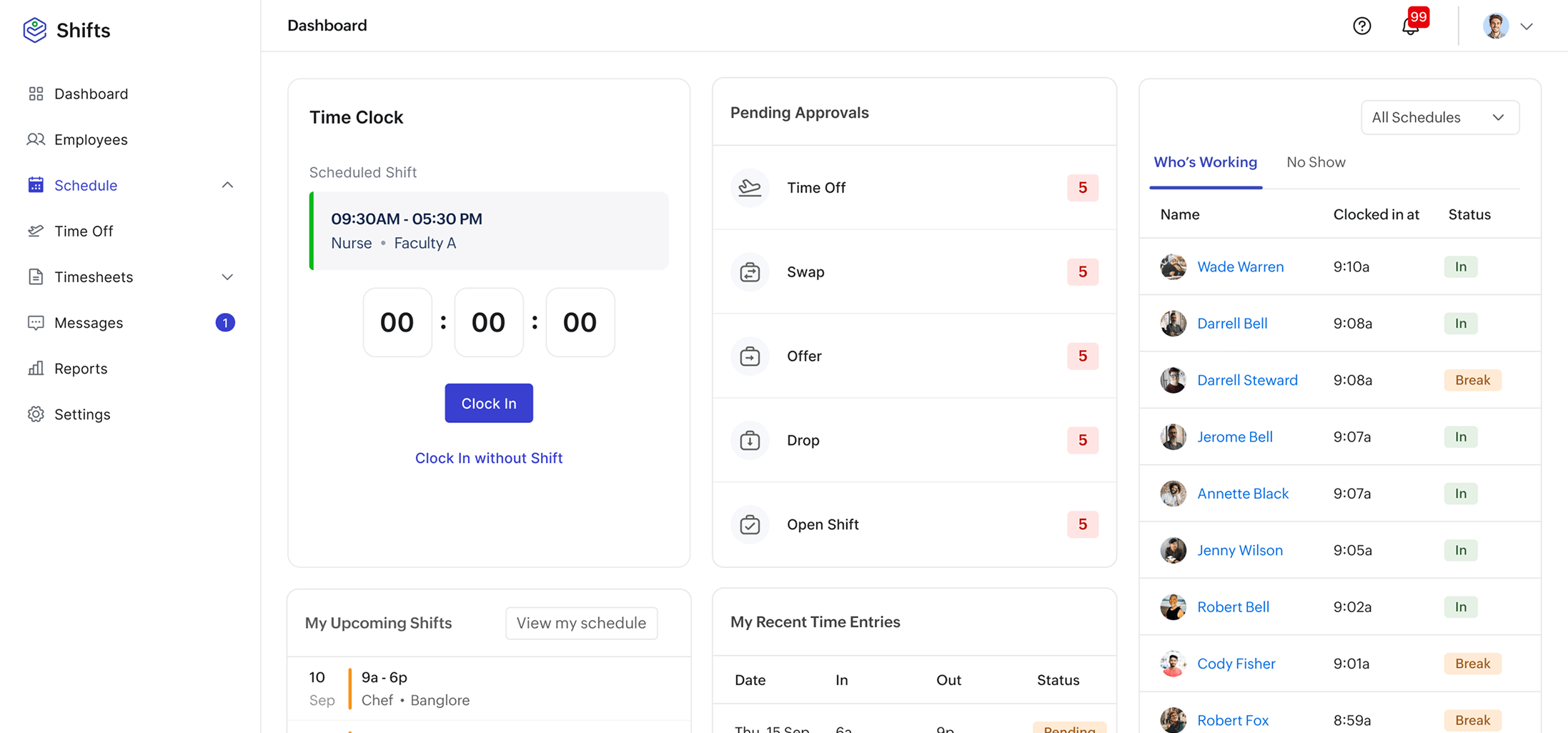 Zoho Shifts time & attendance dashboard