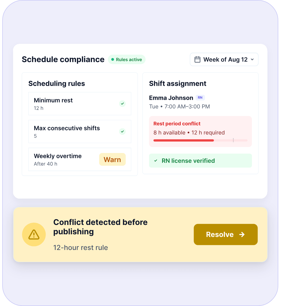 Scheduling rules flagging a rest period conflict before publishing
