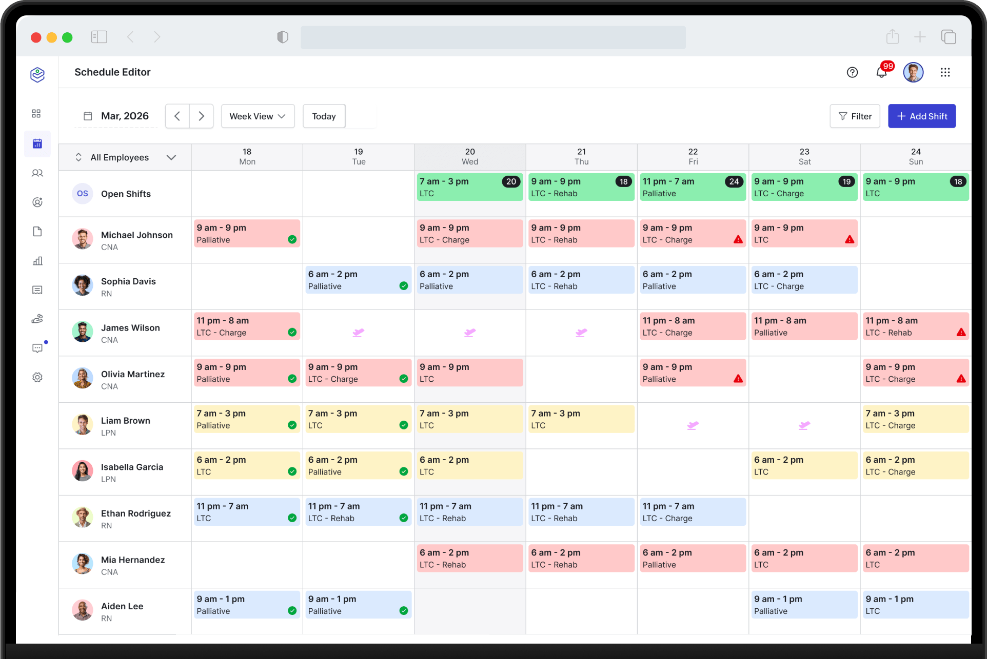 The Zoho Shifts schedule editor showing a week of shifts by employee