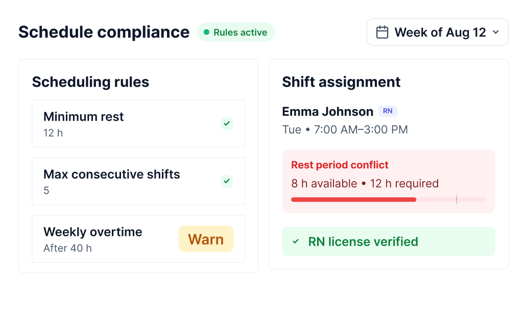 Scheduling rules checked against a shift assignment