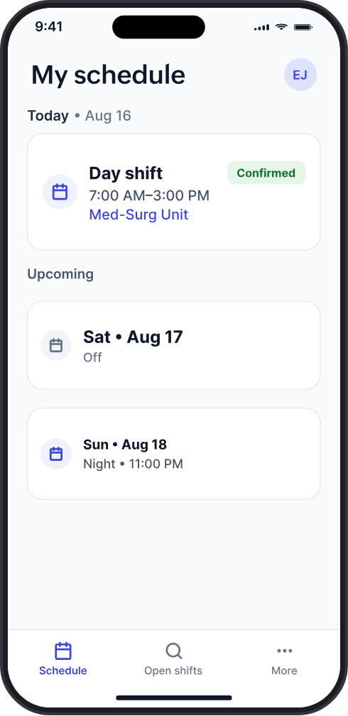 The Zoho Shifts mobile app showing a nurse schedule
