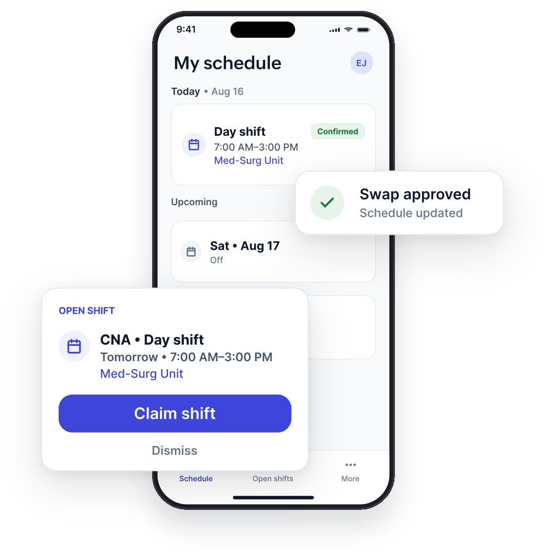 The mobile app showing a schedule with an open shift to claim