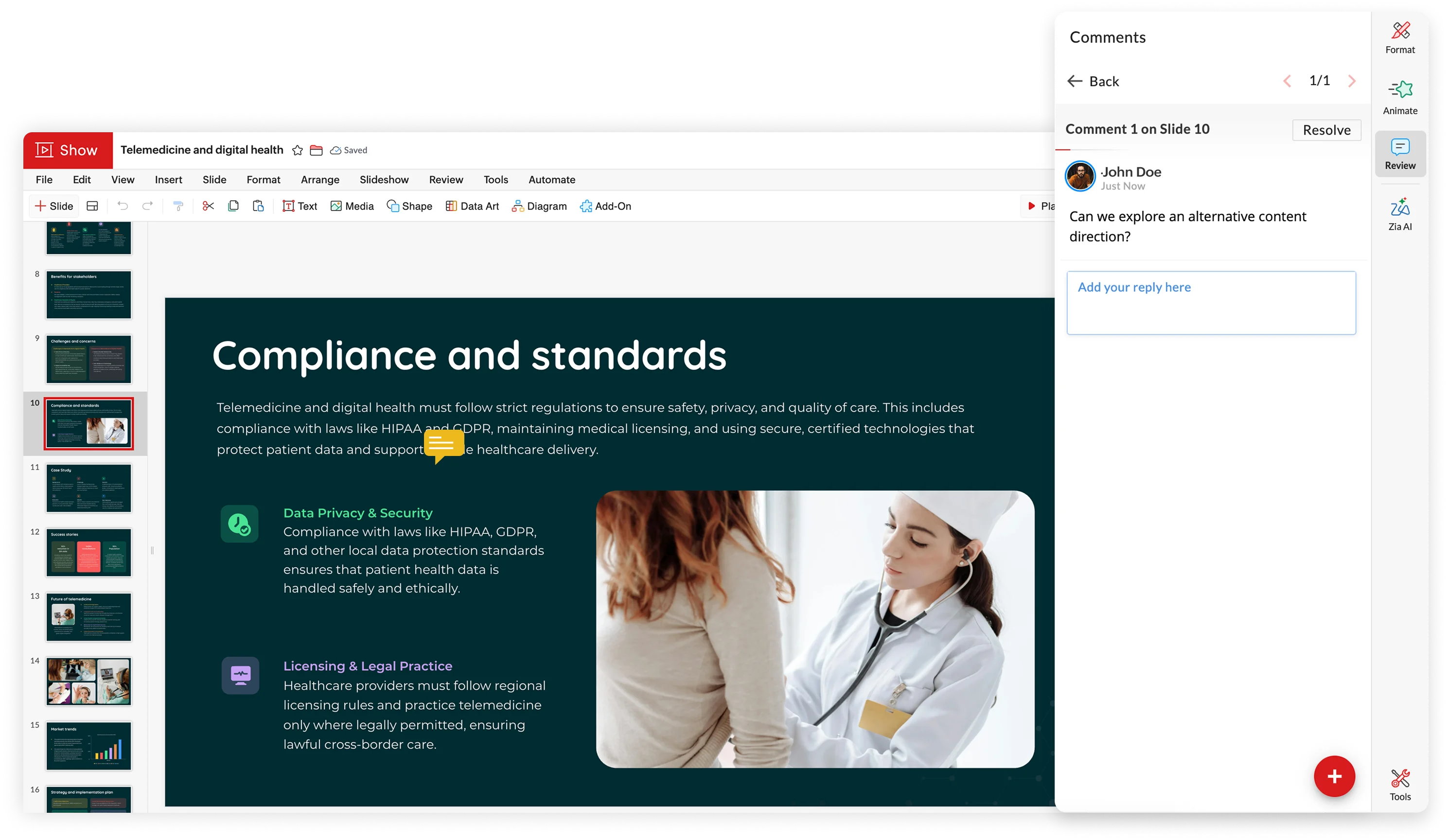 Add comments to elements within presentation slides