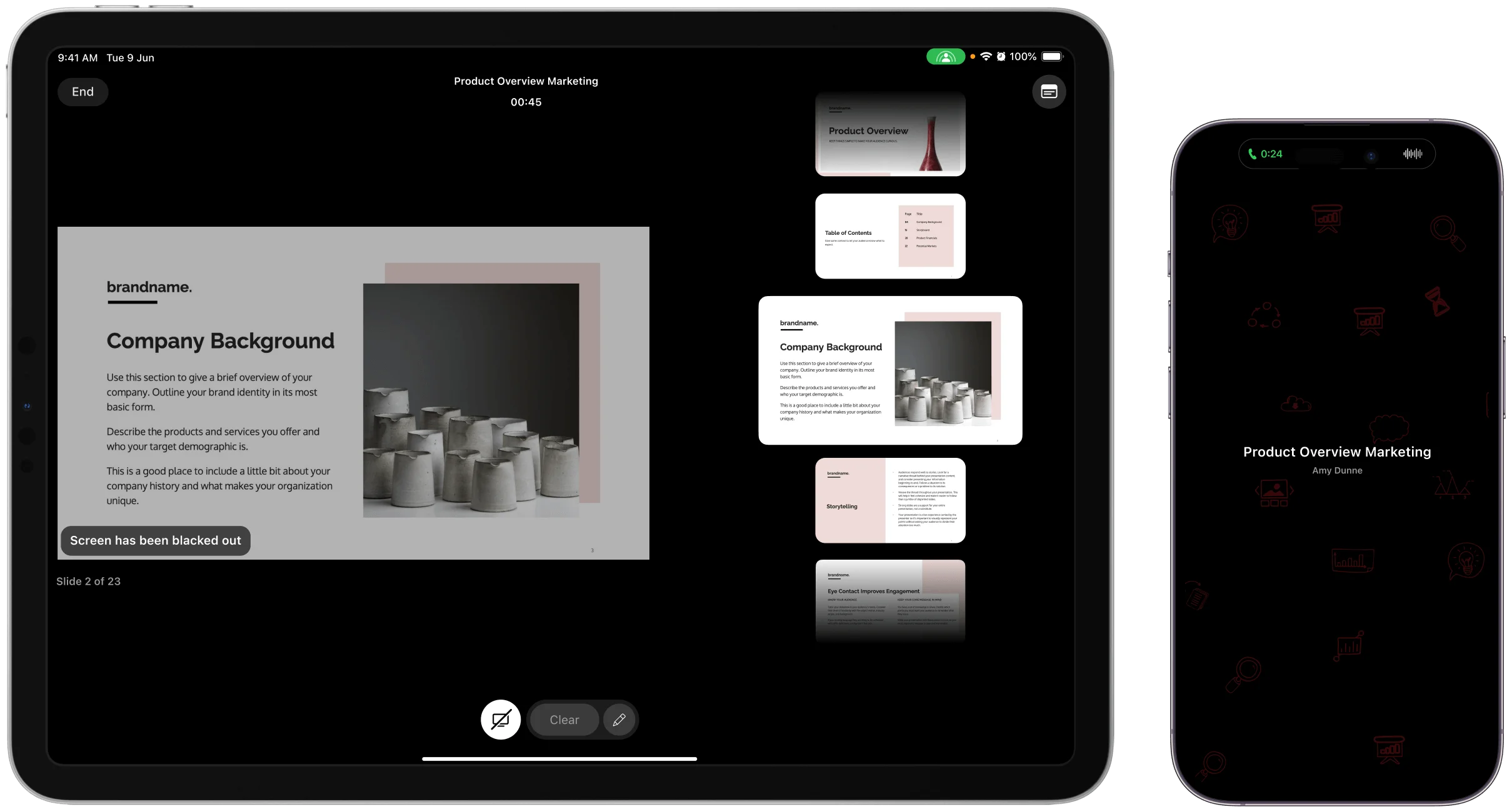 Black out icon activated in Product Overview marketing presentation in iPad and a dark screen displayed in iPhone