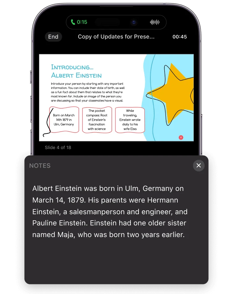 Presenter notes of Introducing Albert Einstein slide being displayed