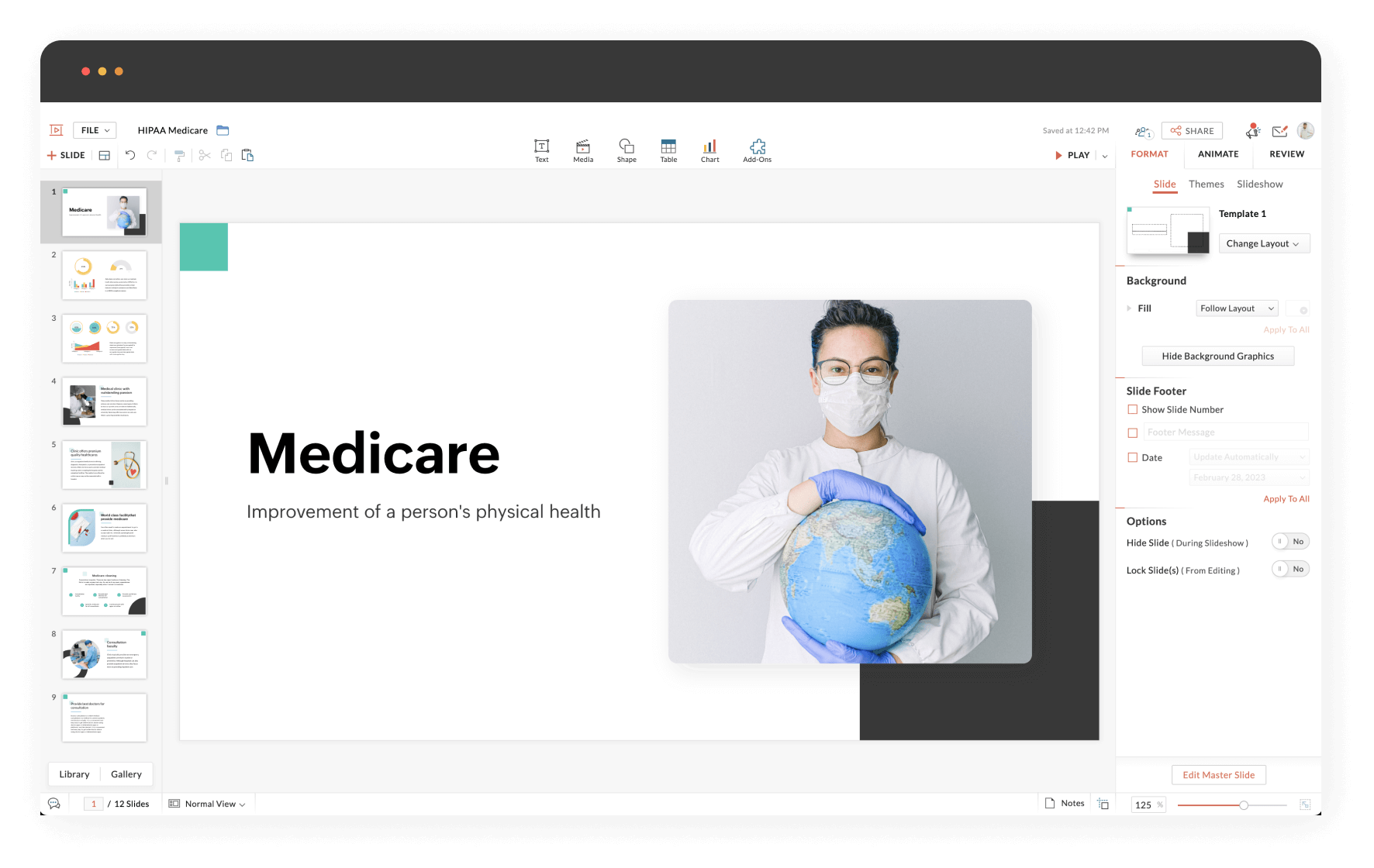 Medicare presentation in Zoho Show editor screen