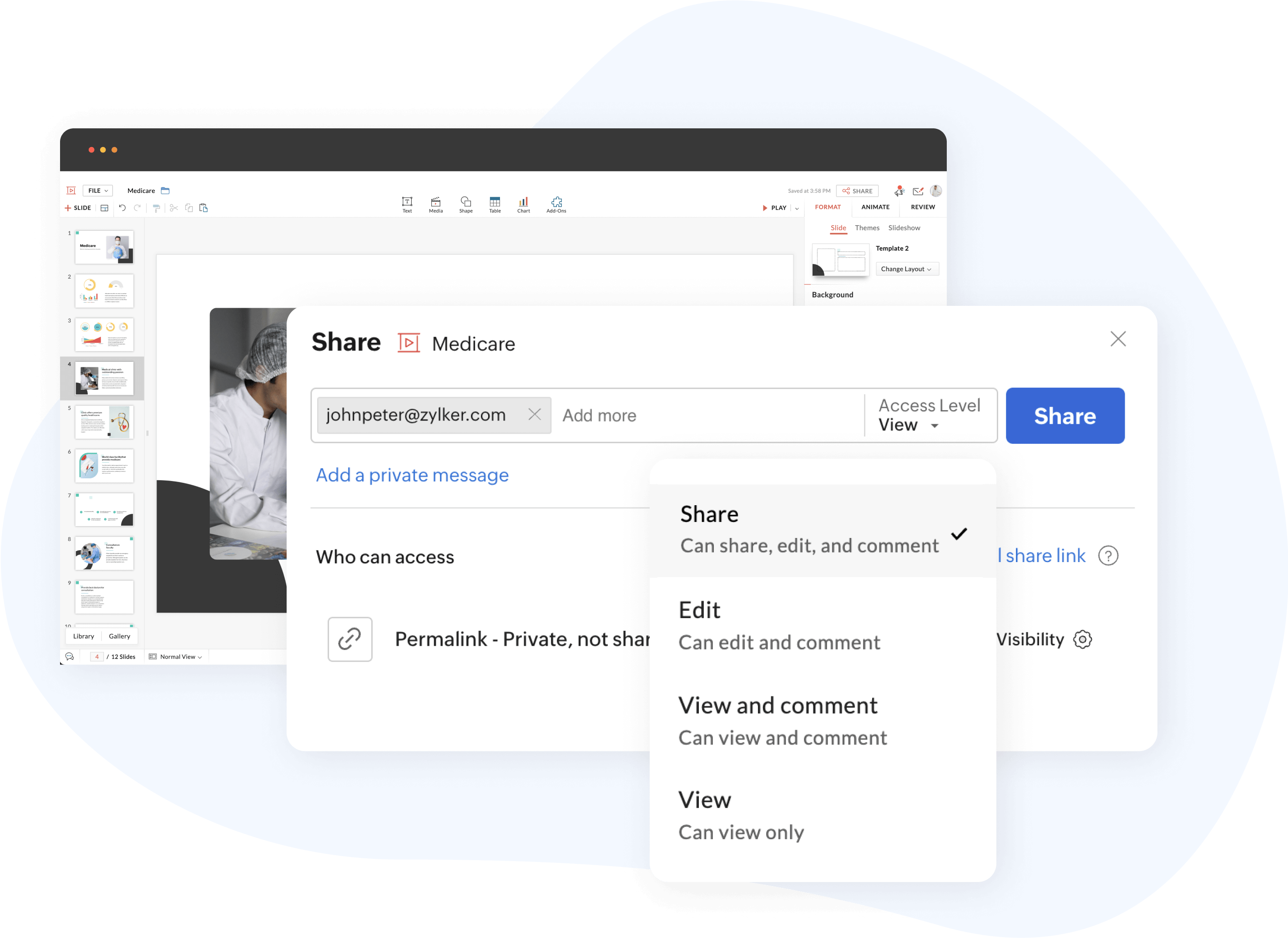 Zoho Show slide with share dialog and access levels