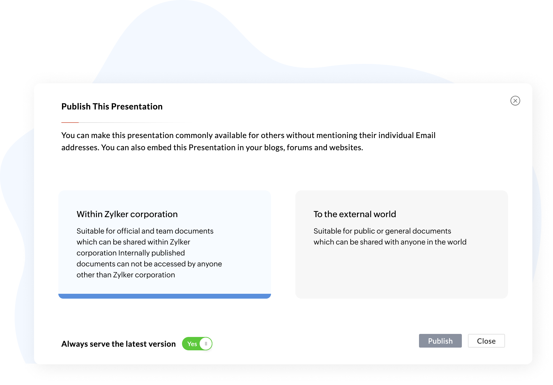 Zoho Show slide with Publish files dialog with options