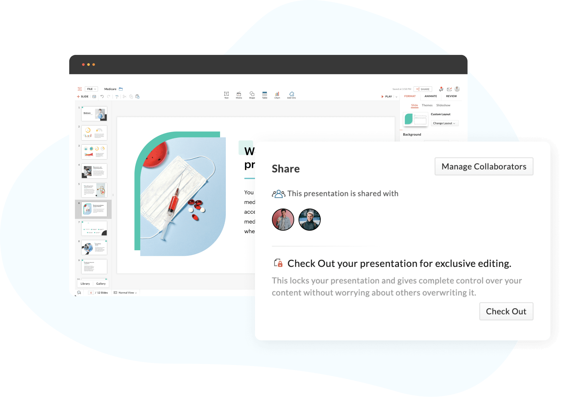 Zoho Show slide with Check in and check out option