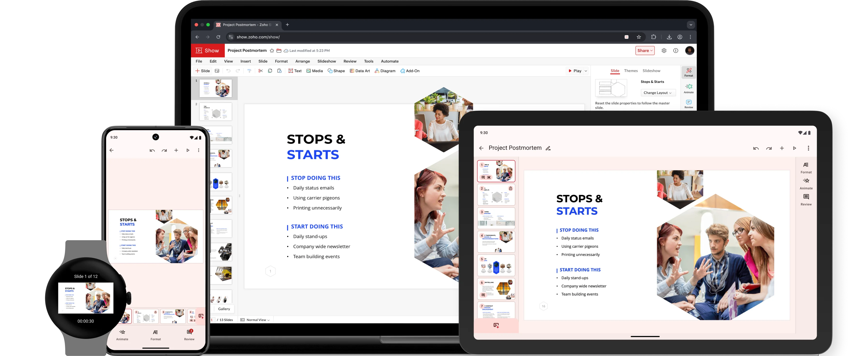 A project management presentation displayed across multiple devices