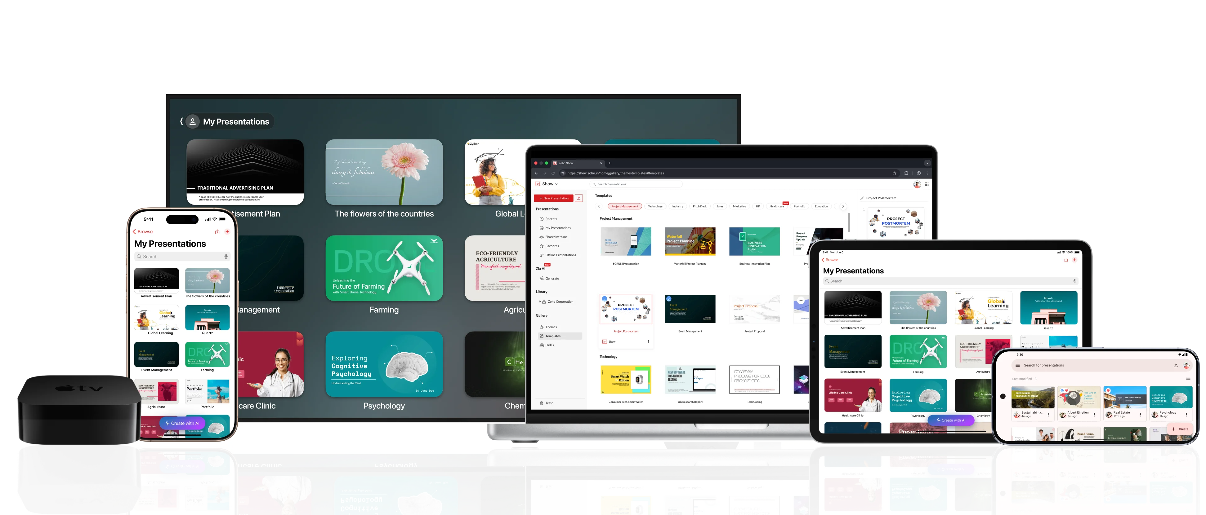 Zoho Show's listing page displayed in Apple TV, iPhone, Mac book, iPad and Android phone