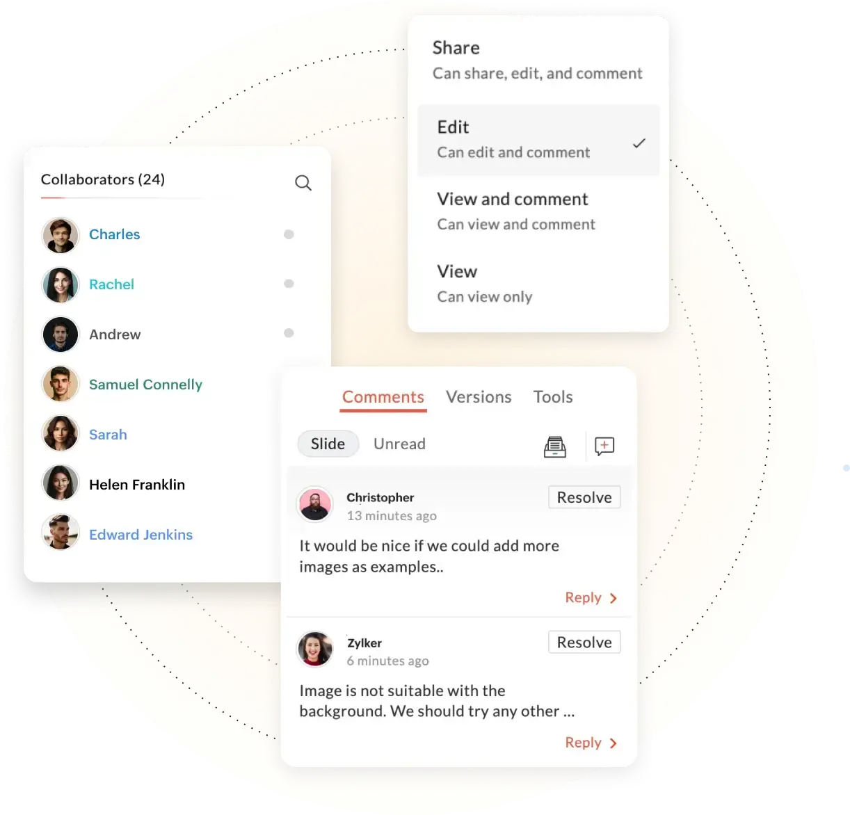 Zoho Show's UI of a List of collaborators with the access level and comments dialogue displayed