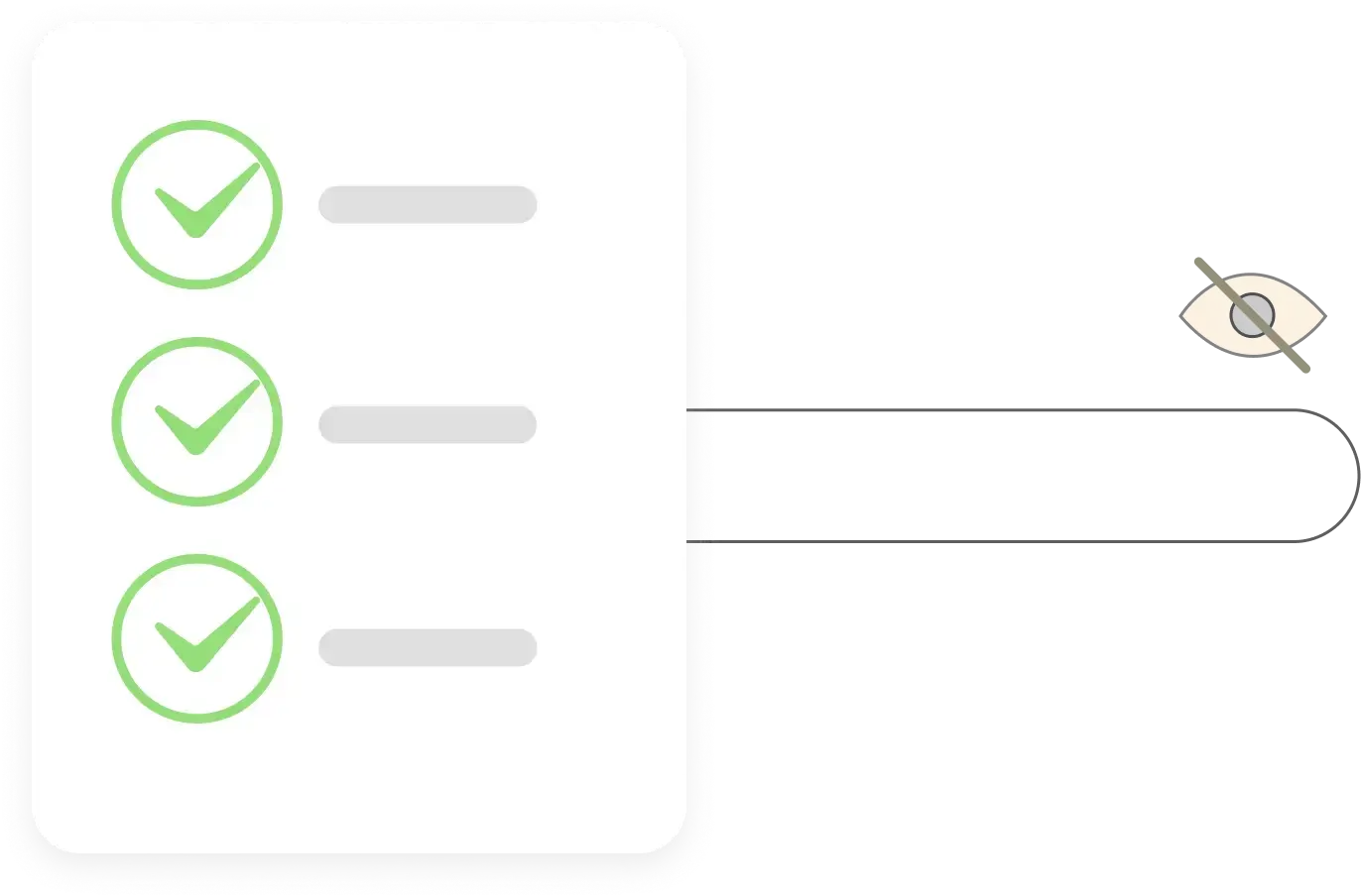 UI element with green checkmarks and a hidden password field, indicating completed tasks and privacy