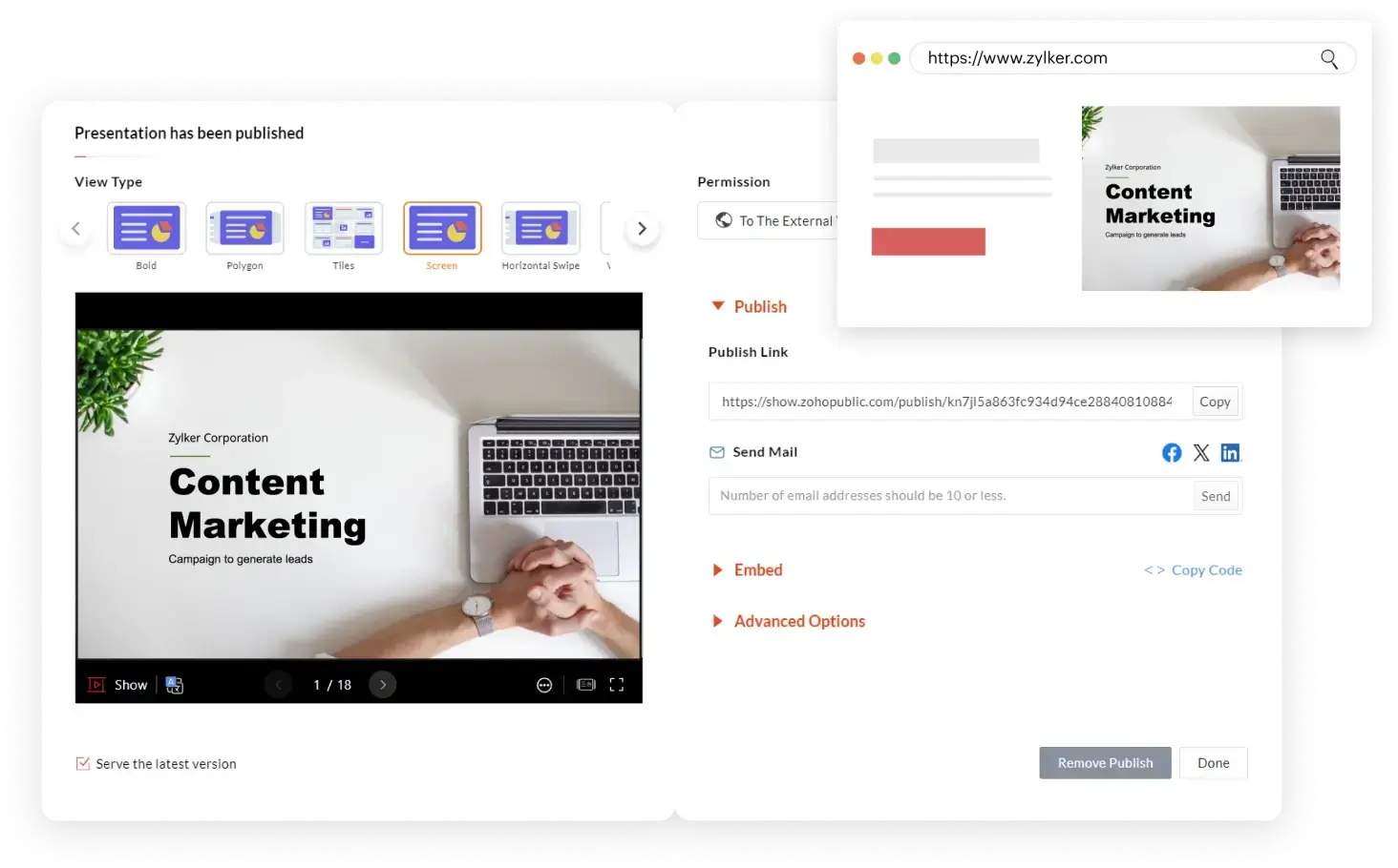 Publish settings of Show's content marketing presentation template displayed