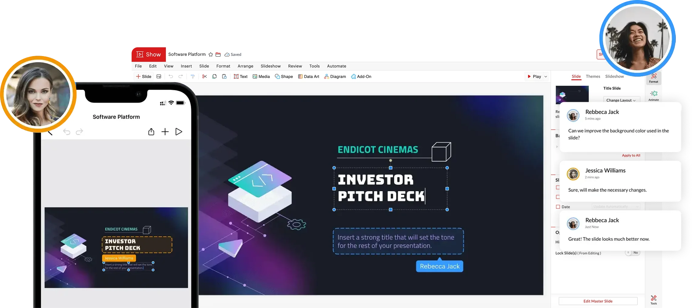 2 team mates collaborating on presentation real-time using Zoho Show