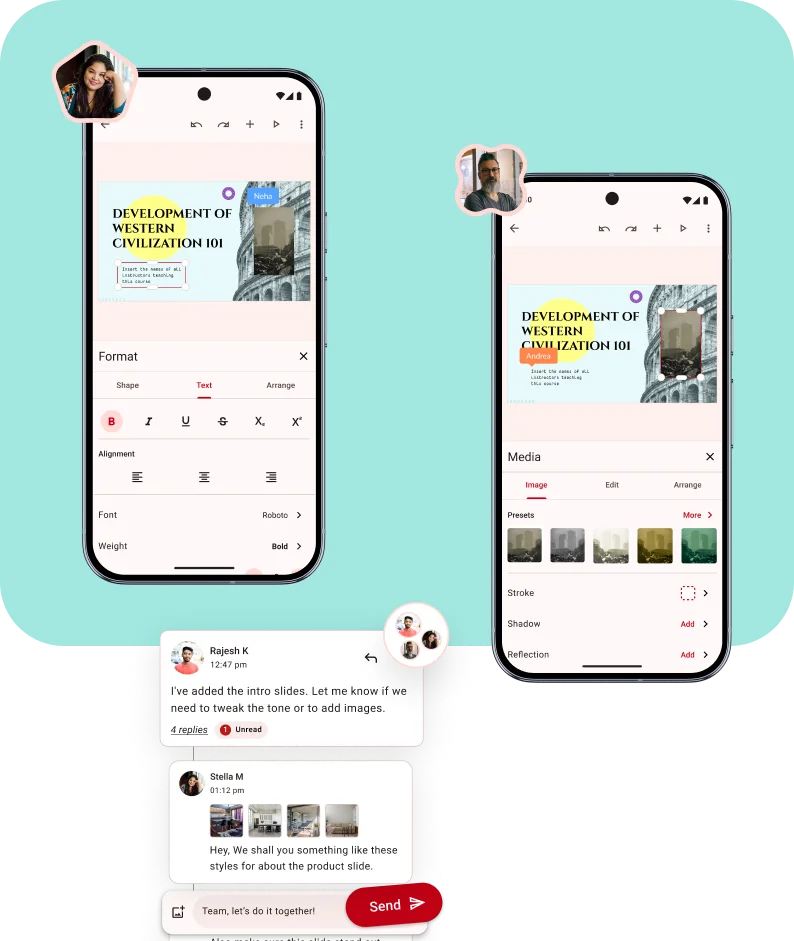 Two Android devices are displayed, from which two teammates collaborate on a presentation