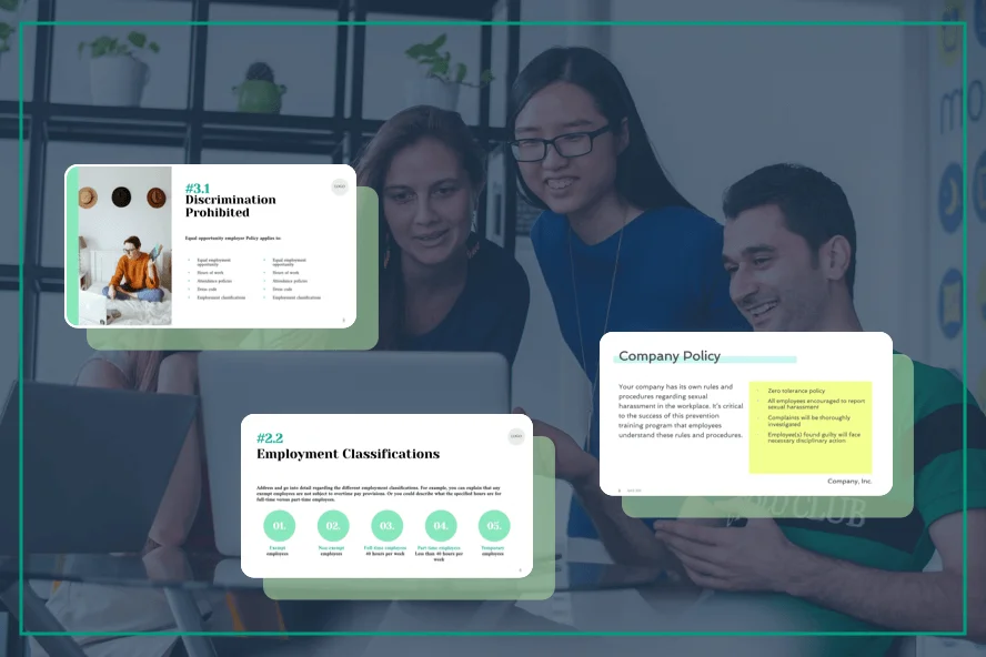 A group of four colleagues looking at a laptop, with floating slides displaying company policies, employment classifications, and anti-discrimination guidelines from a presentation