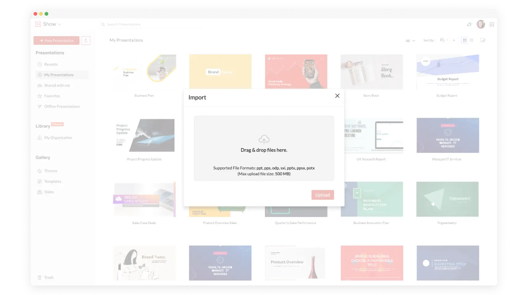 Import dialog in Zoho Show's listing page displayed